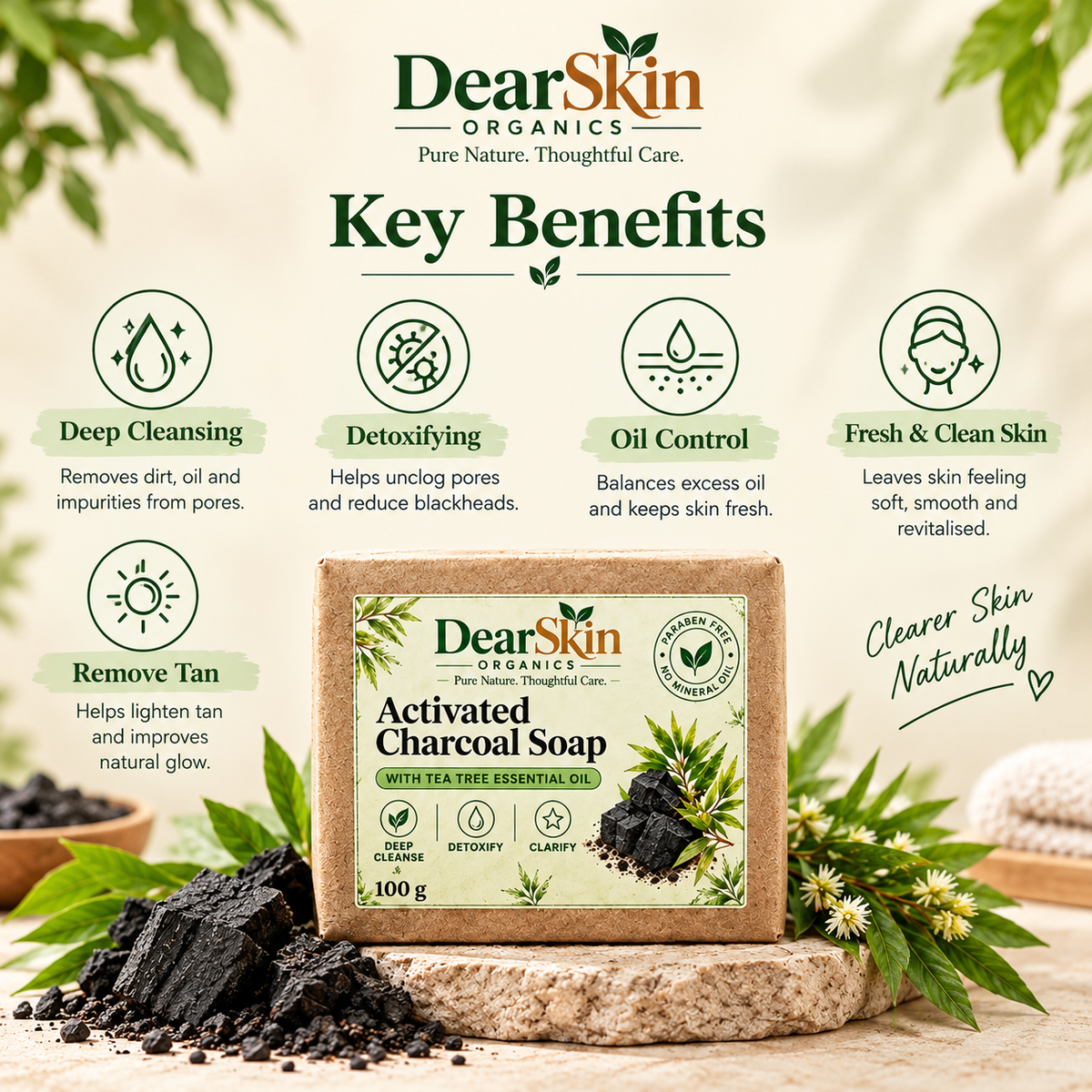 DearSkin Activated Charcoal Soap with Tea Tree Essential Oil & Glycerin | Deep Cleansing Soap for Fresh, Clean & Healthy-Looking Skin | 100 g