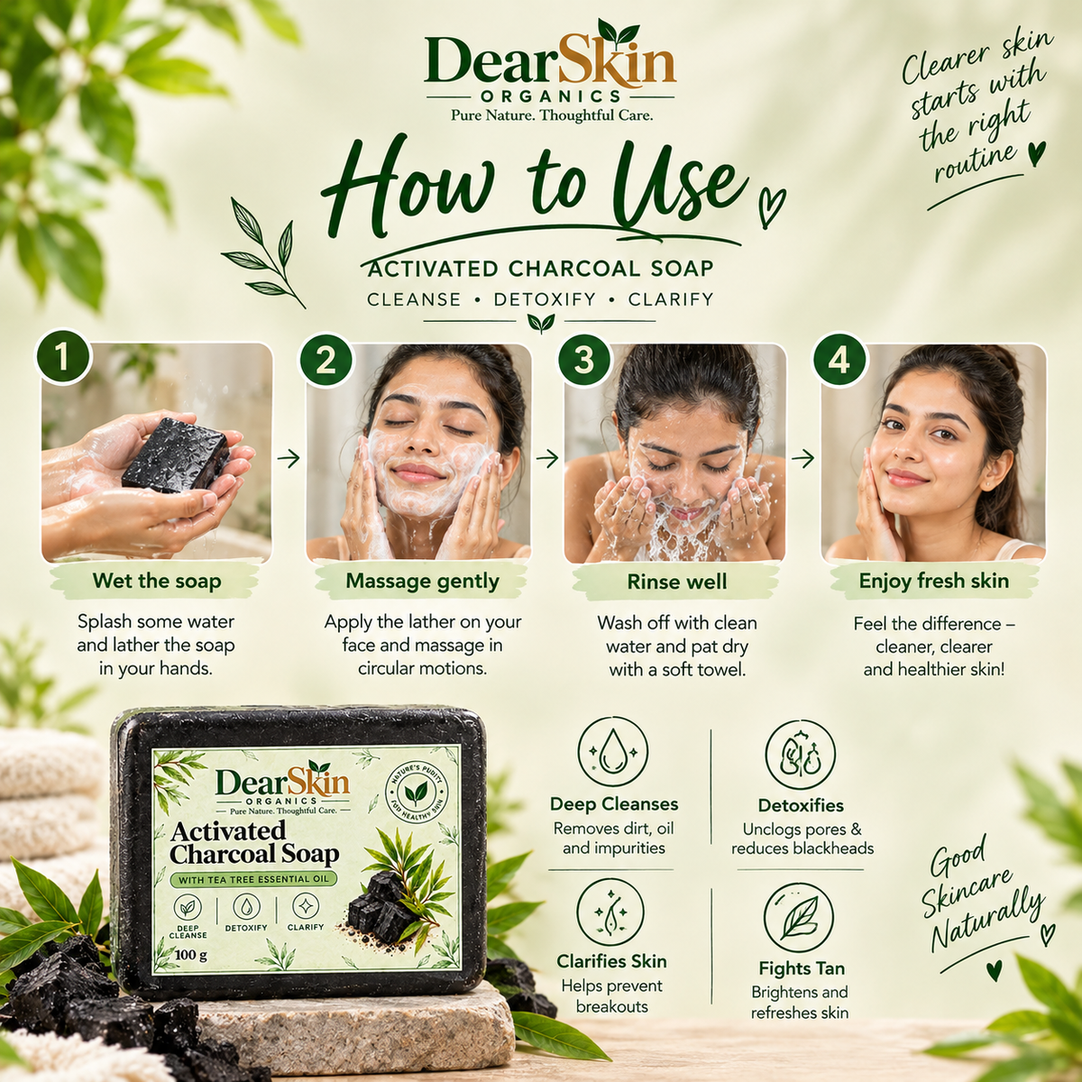 DearSkin Activated Charcoal Soap with Tea Tree Essential Oil & Glycerin | Deep Cleansing Soap for Fresh, Clean & Healthy-Looking Skin | 100 g