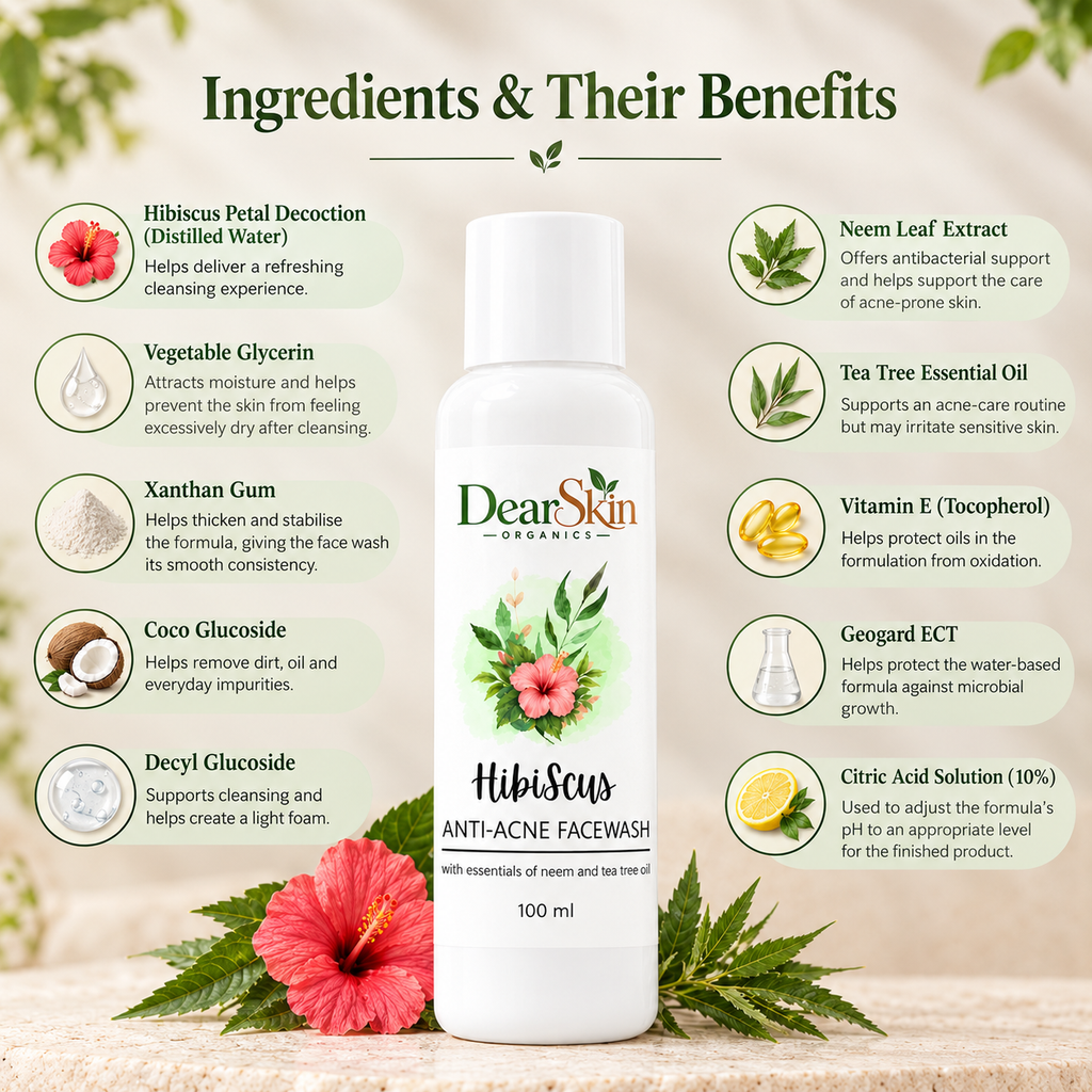 DearSkin Hibiscus Anti-Acne Face Wash with Neem & Tea Tree Oil | Gentle Skin Cleansing Formula with Vegetable Glycerin & Vitamin E | 100 ml