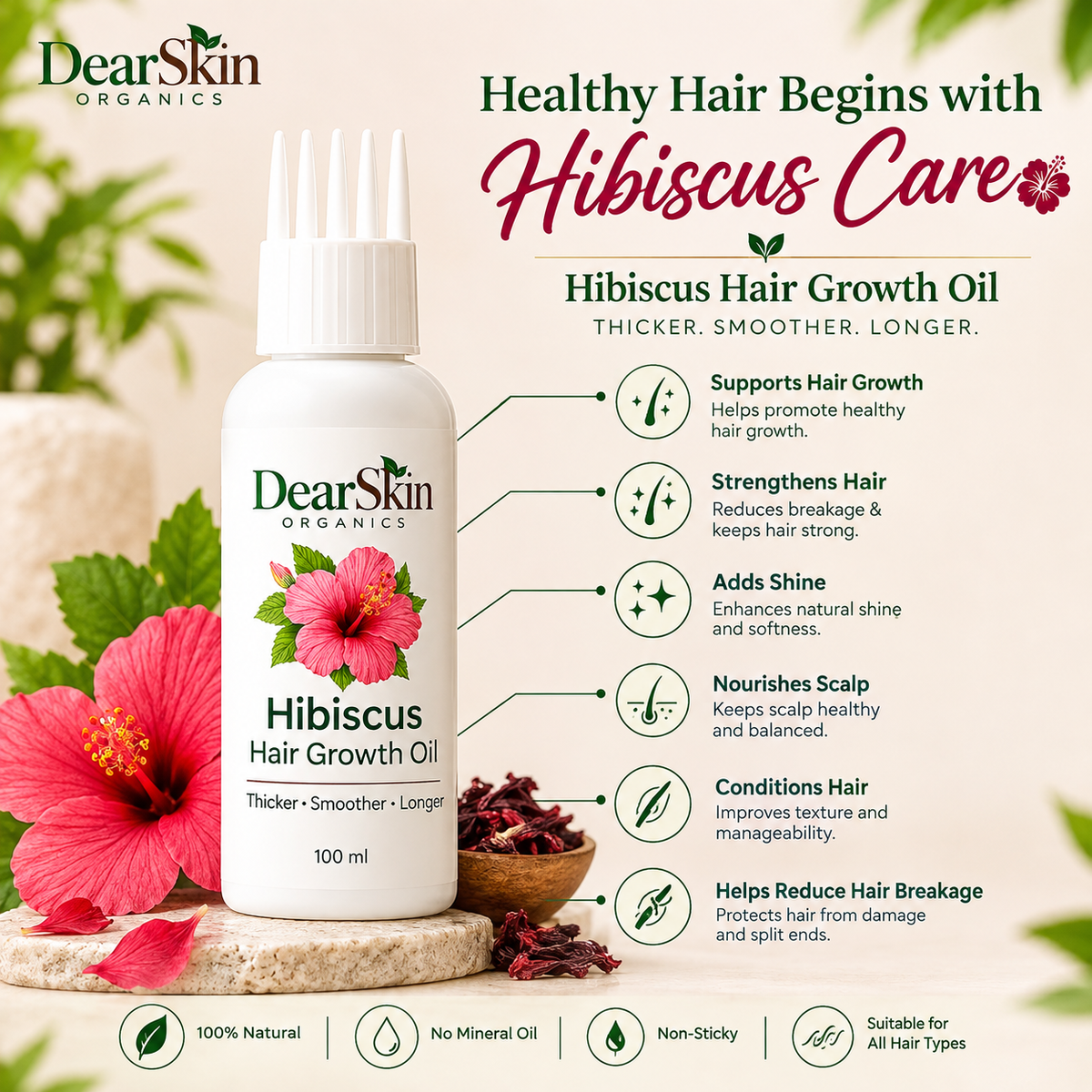 DearSkin Hibiscus Hair Growth Oil with Coconut Oil, Amla, Kalonji, Fenugreek, Curry Leaves & Vetiver Root | Nourishing Herbal Hair Oil for Strong, Healthy-Looking Hair | 100 ml