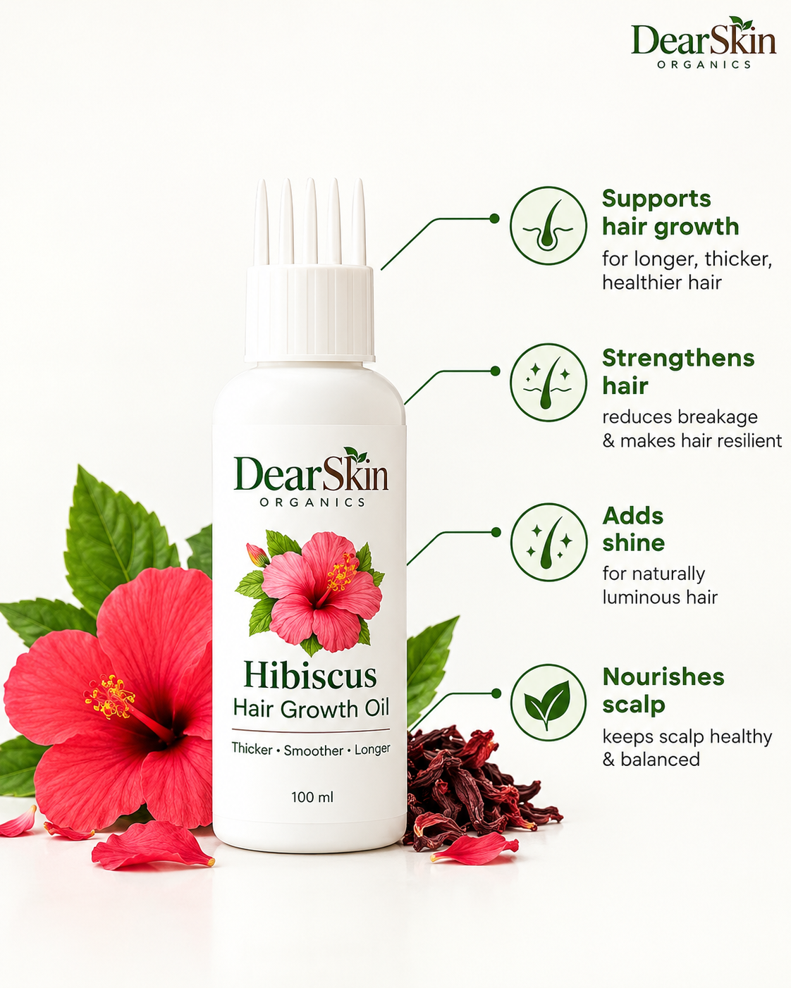 DearSkin Hibiscus Hair Growth Oil with Coconut Oil, Amla, Kalonji, Fenugreek, Curry Leaves & Vetiver Root | Nourishing Herbal Hair Oil for Strong, Healthy-Looking Hair | 100 ml